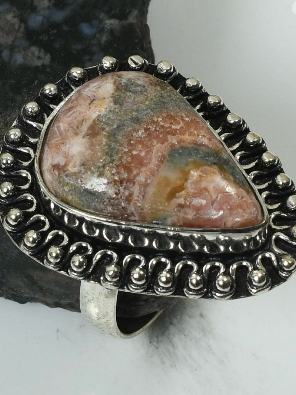 Teardrop Pink 925 Silver Rhodochrosite Ring